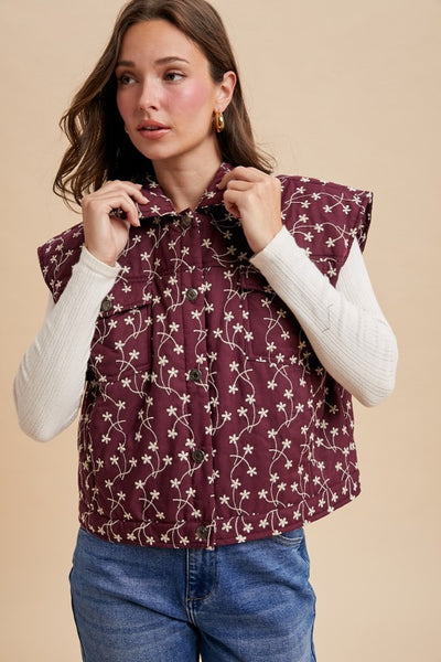 Floral Over Shoulder Padded Vest Burgundy
