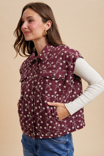 Floral Over Shoulder Padded Vest Burgundy