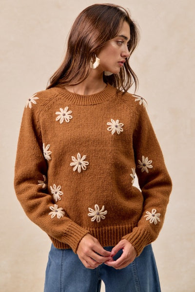 Floral Embroidered Sweater Mocha