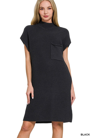 Mock Neck Sweater Dress with Pocket Black