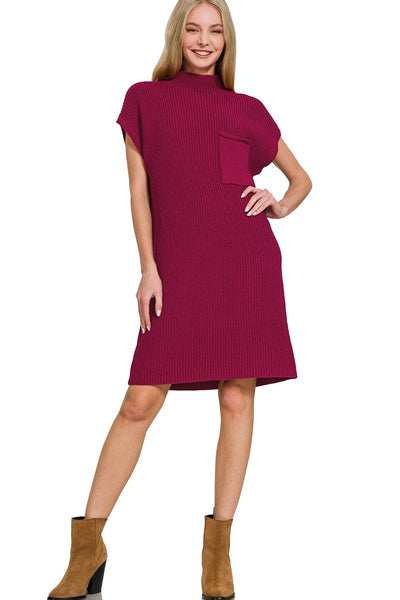 Mock Neck Sweater Dress with Pocket Cabernet