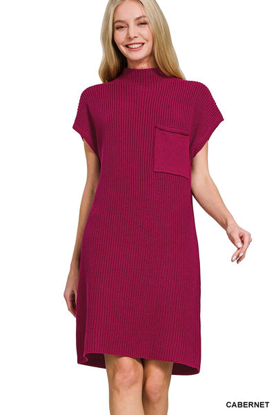 Mock Neck Sweater Dress with Pocket Cabernet