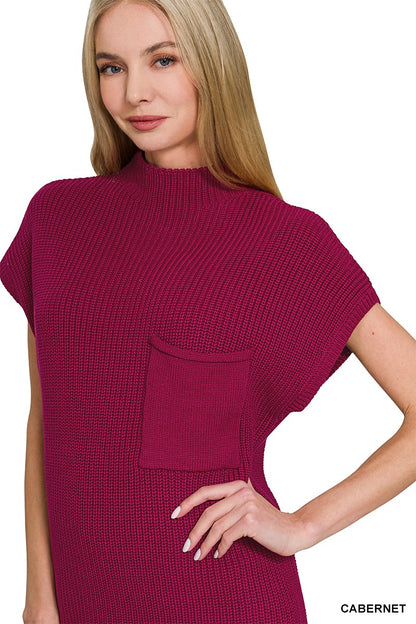 Mock Neck Sweater Dress with Pocket Cabernet
