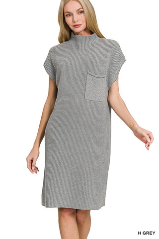 Mock Neck Sweater Dress with Pocket Gray