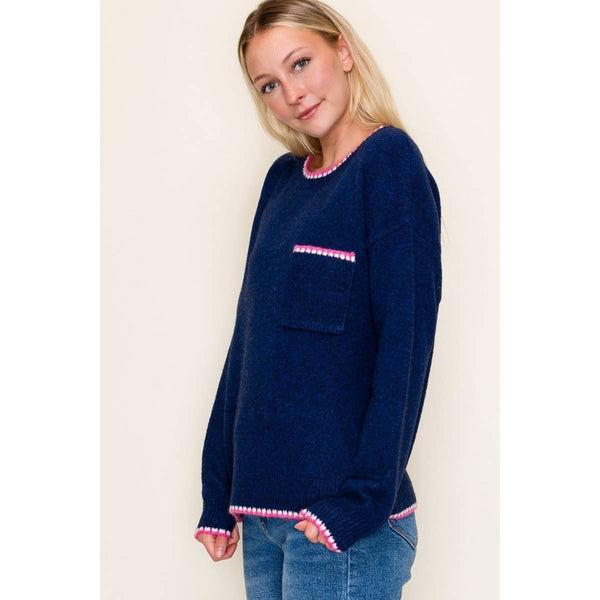 Blanket-Stitched Crew Neck Sweater Navy