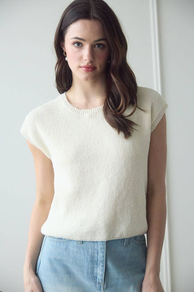 Back Tie Short Sleeve Sweater Cream