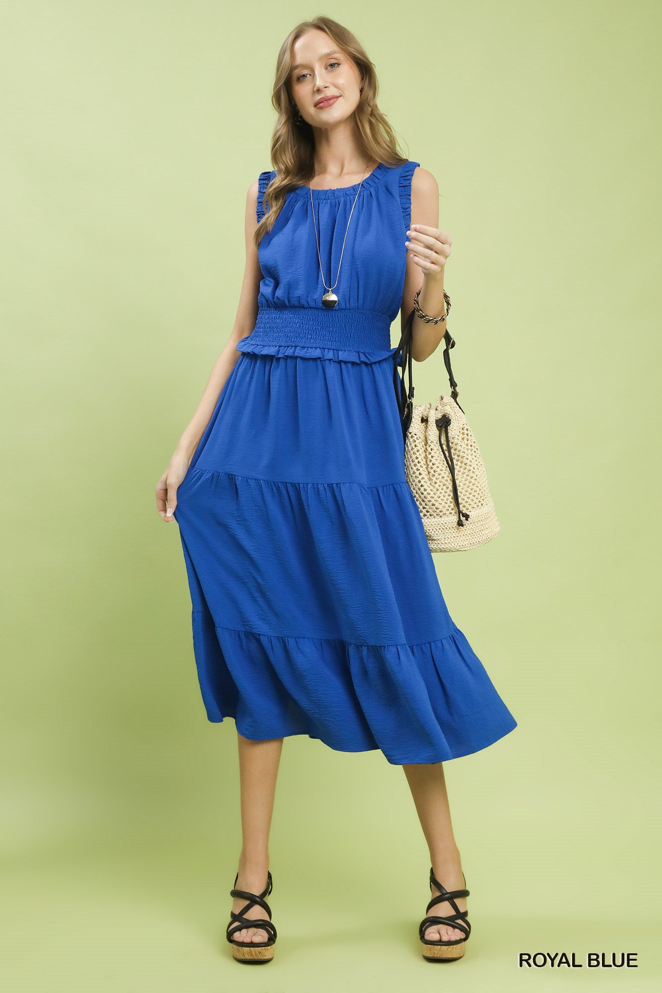 Smocked Waist Tiered Midi Dress for Women with Flowy Tiered Skirt and Elegant Boutique Style
