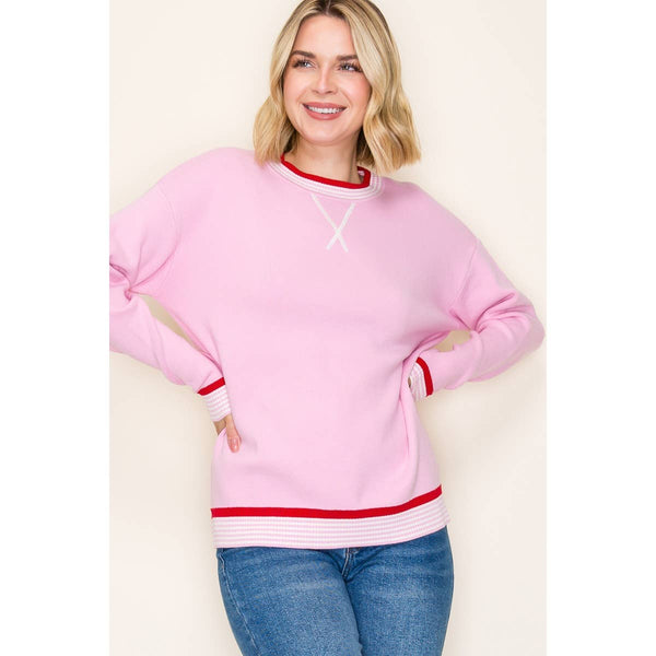 Varsity Trimmed Sweater – Light Pink