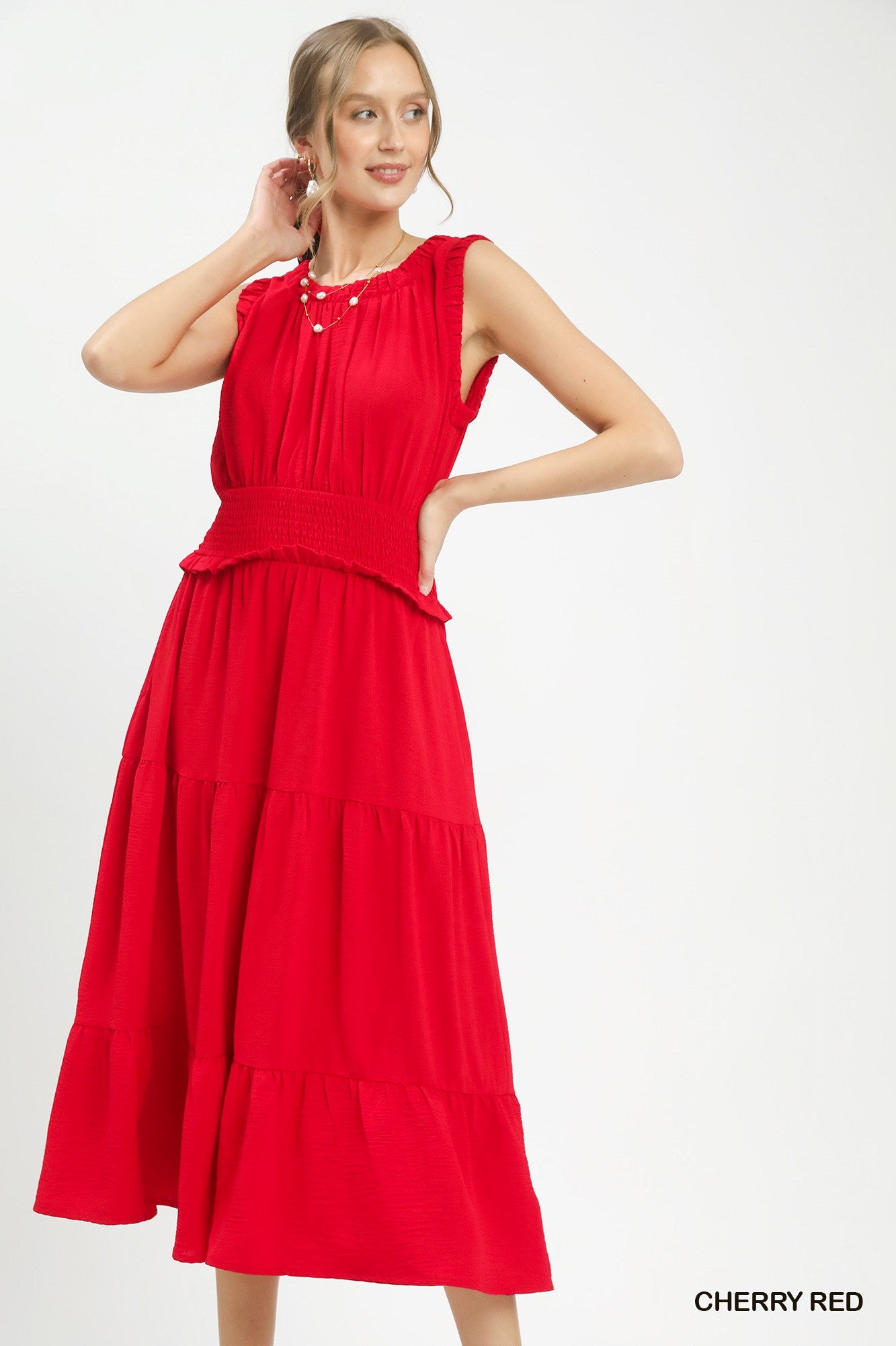 Smocked Waist Tiered Midi Dress for Women with Flowy Tiered Skirt and Elegant Boutique Style