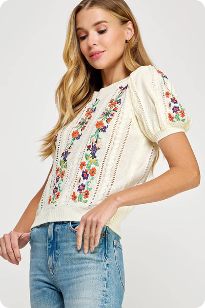Floral Embroidered Top Cream