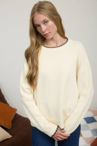 Cream Contrast Stitch Crewneck Sweater
