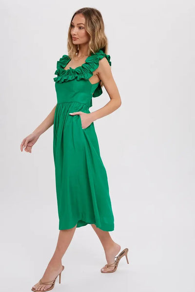 Ruffled Square Neck Midi Dress Green