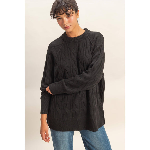 Crew Neck Cable Knit Sweater Black