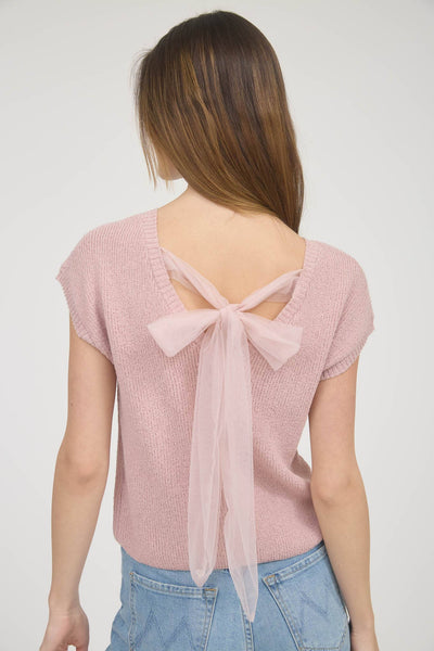 Back Tie Short Sleeve Sweater Pink