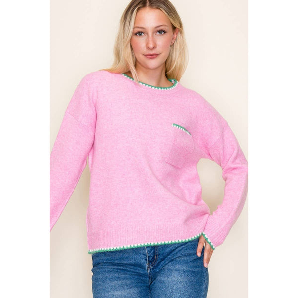 Blanket-Stitched Crew Neck Sweater Pink
