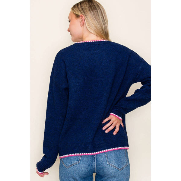 Blanket-Stitched Crew Neck Sweater Navy
