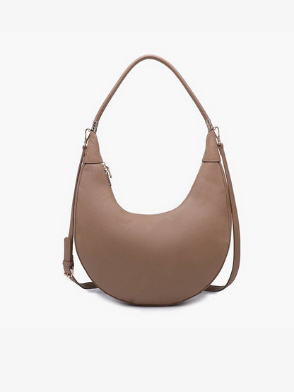 Taupe vegan leather crescent crossbody bag with adjustable strap, front view