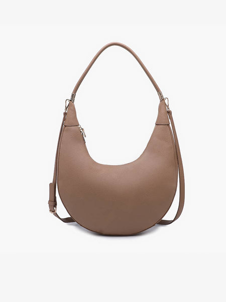 Taupe vegan leather crescent crossbody bag with adjustable strap, front view