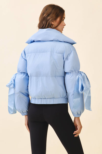 Bow Sleeve Puffer Jacket in Baby Blue