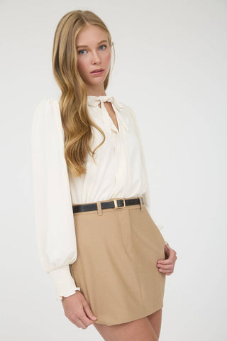 Cream Necktie Long Sleeve Top