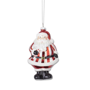 Red & White Glittered Glass Santa Ornament