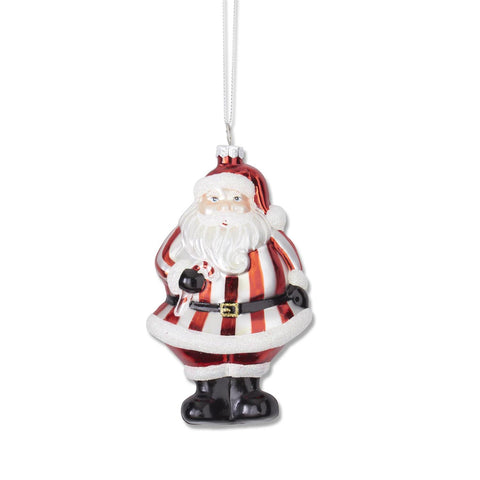 Red & White Glittered Glass Santa Ornament
