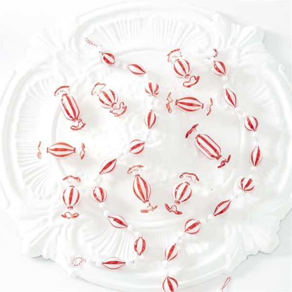 Red & White Striped Glass Ornament Garland