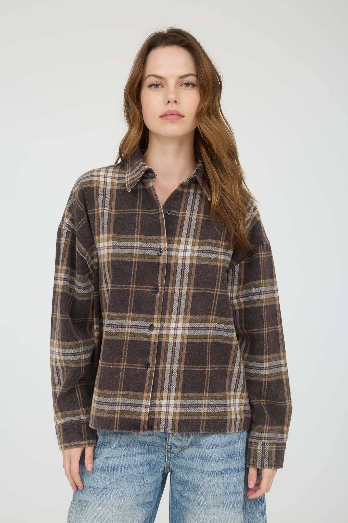Plaid Boxy Button Down Black