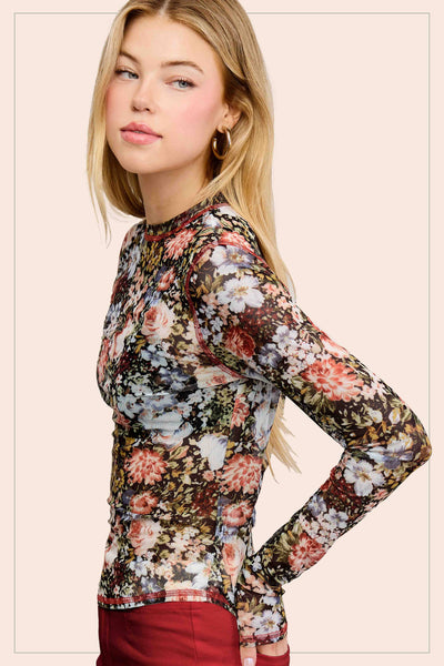 Semi Sheer Floral Mesh Top Black