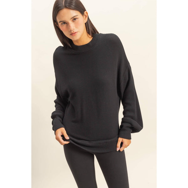 Ribbed Balloon Sleeve Top Black
