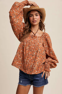 Square-Neck Floral Print Blouse