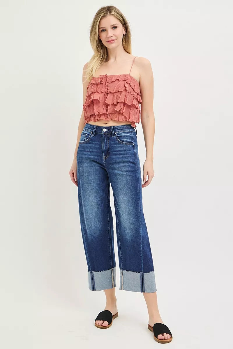 RISEN Relaxed Fit Cropped Barrel Jeans with Cuffed Hem