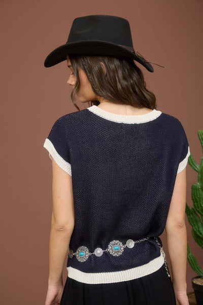 Horseshoe Short Sleeve Sweater Navy