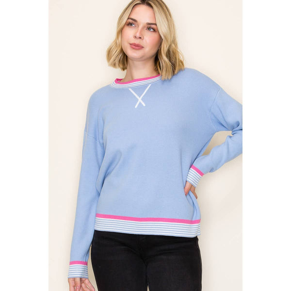 Varsity Trimmed Sweater – Light Blue