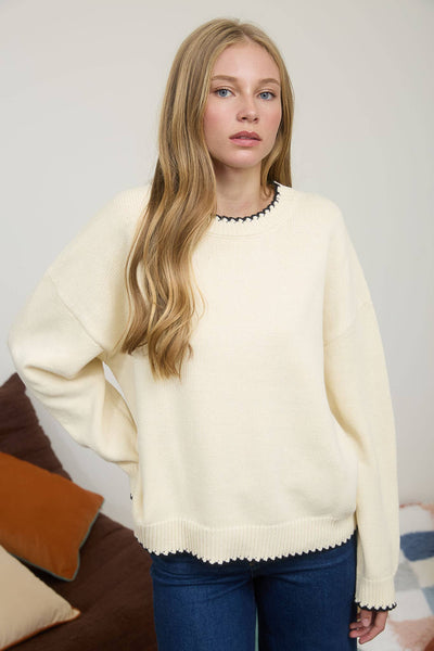 Cream Contrast Stitch Crewneck Sweater