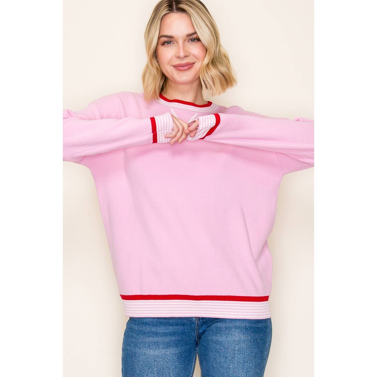 Varsity Trimmed Sweater – Light Pink