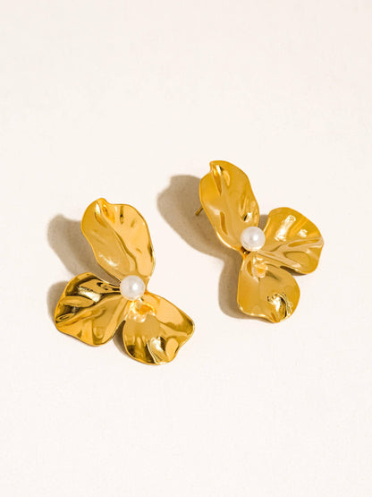 Vintessa 18K gold flower shell pearl drop earrings, hypoallergenic, on white background
