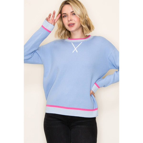 Varsity Trimmed Sweater – Light Blue