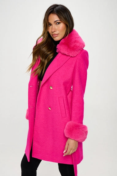 Wool Faux Fur Coat Hot Pink