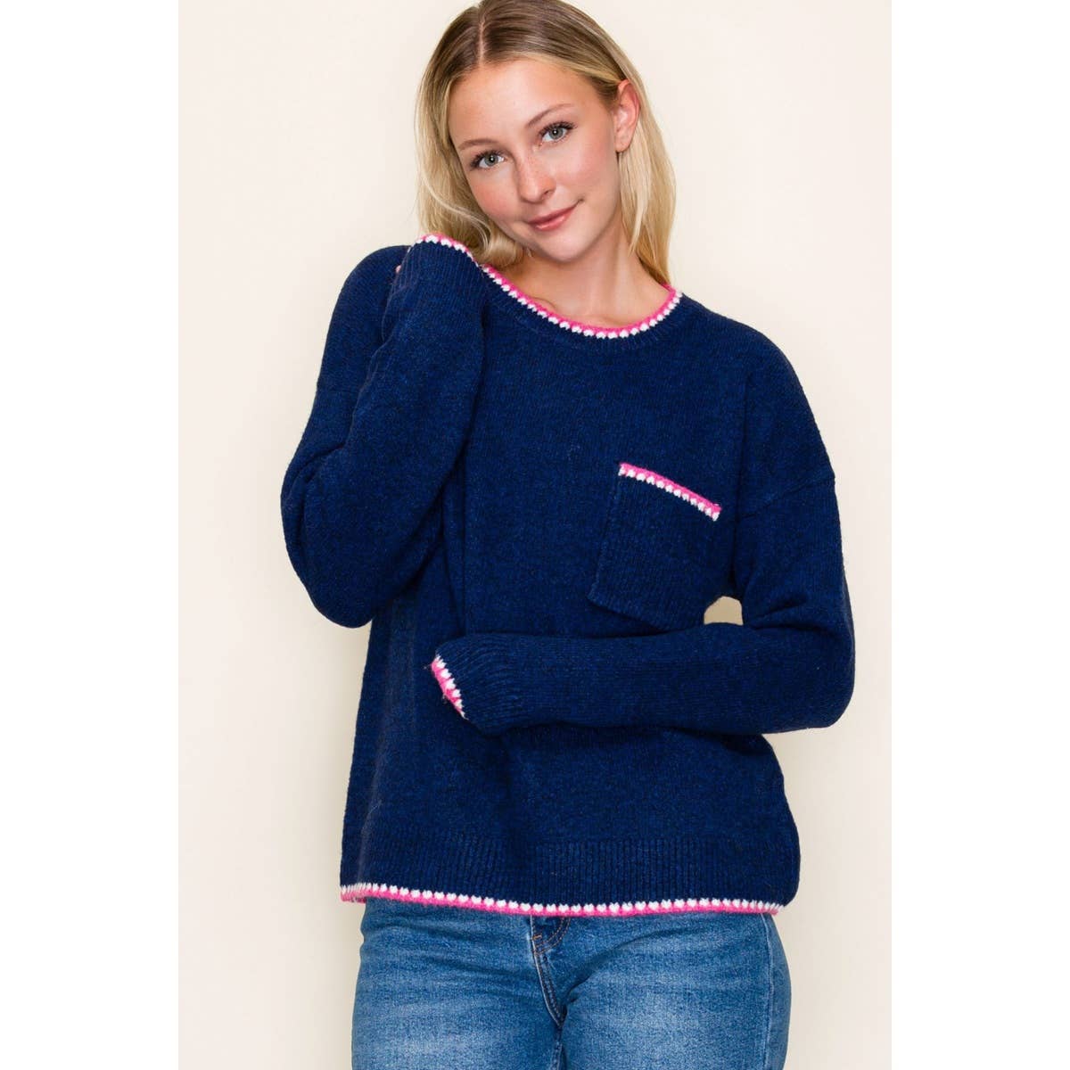 Blanket-Stitched Crew Neck Sweater Navy