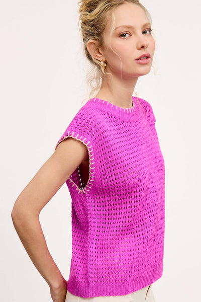 Crochet Knit Sleeveless Top Fuchsia