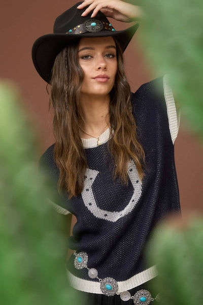 Horseshoe Short Sleeve Sweater Navy