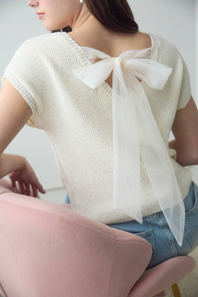 Back Tie Short Sleeve Sweater Cream
