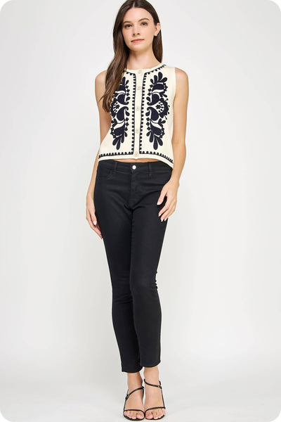 Embroidered Vest Top Ivory & Black