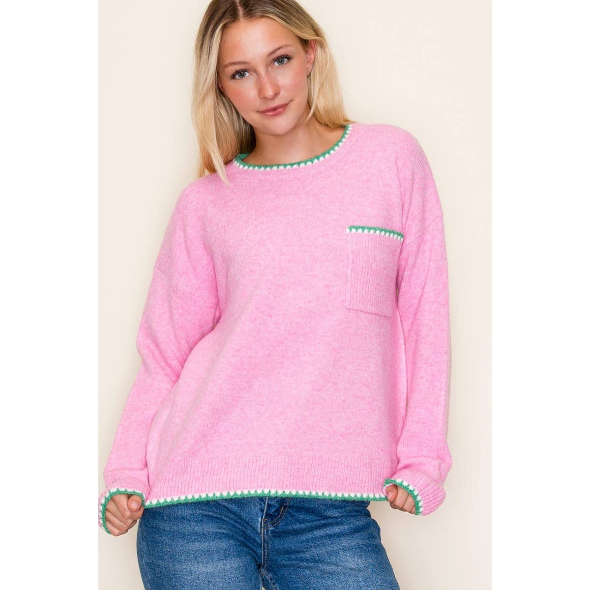 Blanket-Stitched Crew Neck Sweater Pink