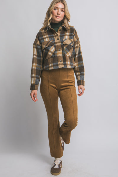 Short Plaid Shacket – Brown