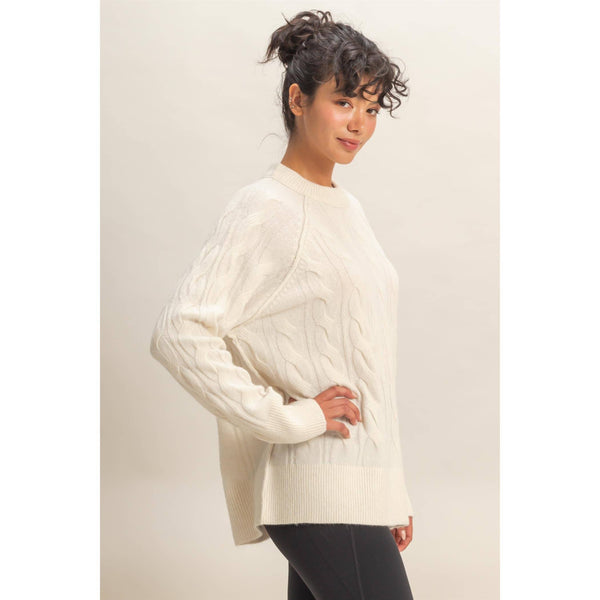 Crew Neck Cable Knit Sweater Cream