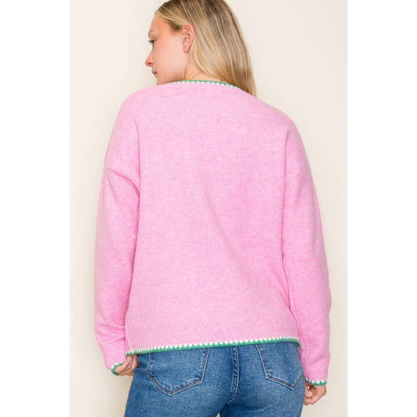 Blanket-Stitched Crew Neck Sweater Pink