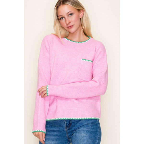 Blanket-Stitched Crew Neck Sweater Pink