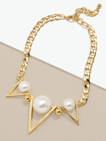 Curb Chain and Pearl Collar Necklace Gold